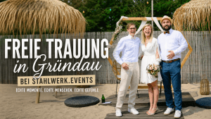 Trauredner Samuel Diekmann mit Brautpaar bei freier Trauung in Gründau auf der Beach Area von Stahlwerk.Events im Rhein-Main-Gebiet