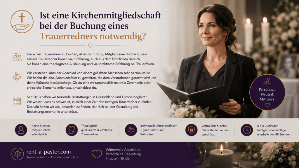 Einfühlsame weibliche Trauerrednerin bei einer persönlichen Abschiedsfeier mit Kerzen und Blumen im Hintergrund.