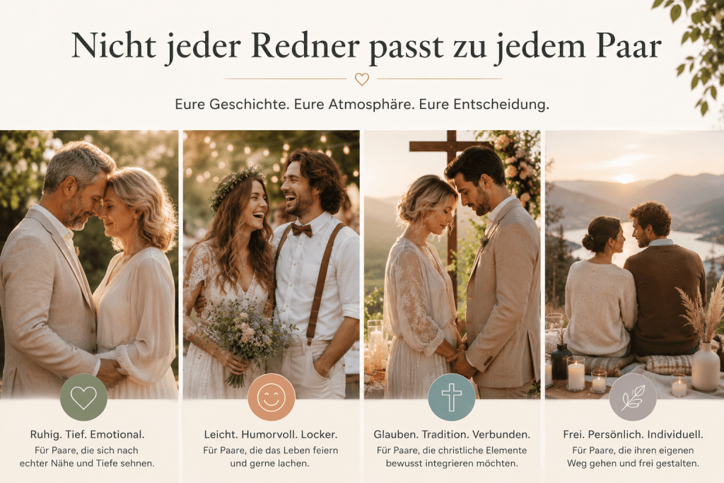 Zwei unterschiedliche Paare bei persönlichen Eheerneuerungen mit verschiedenen freien Rednern in emotionalen und lockeren Zeremonien.