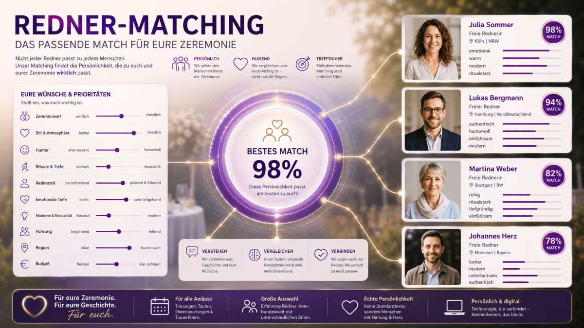 Digitales Redner-Matchingtool für freie Zeremonien mit Persönlichkeitsprofilen, Matchingwerten und Filtern für weltliche und christliche Zeremonien.