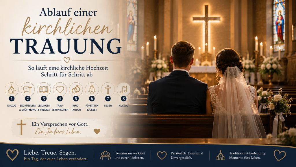 Brautpaar sitzt in Kirche vor leuchtendem Kreuz als Titelbild zum Ablauf einer kirchlichen Trauung