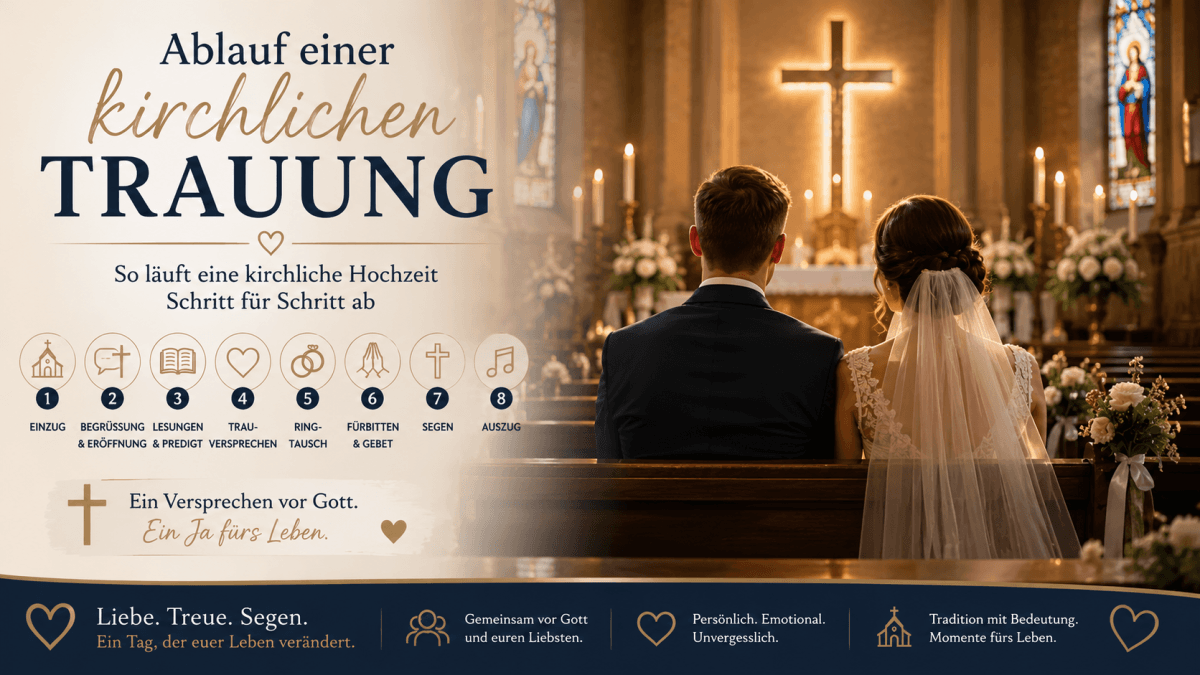 Brautpaar sitzt in Kirche vor leuchtendem Kreuz als Titelbild zum Ablauf einer kirchlichen Trauung