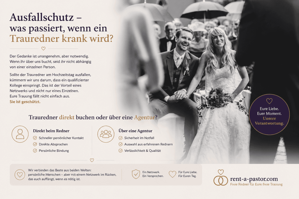 Brautpaar während einer freien Trauung mit Trauredner in emotionaler Atmosphäre. Themenbild zu Ausfallschutz und Trauredner-Netzwerk.
