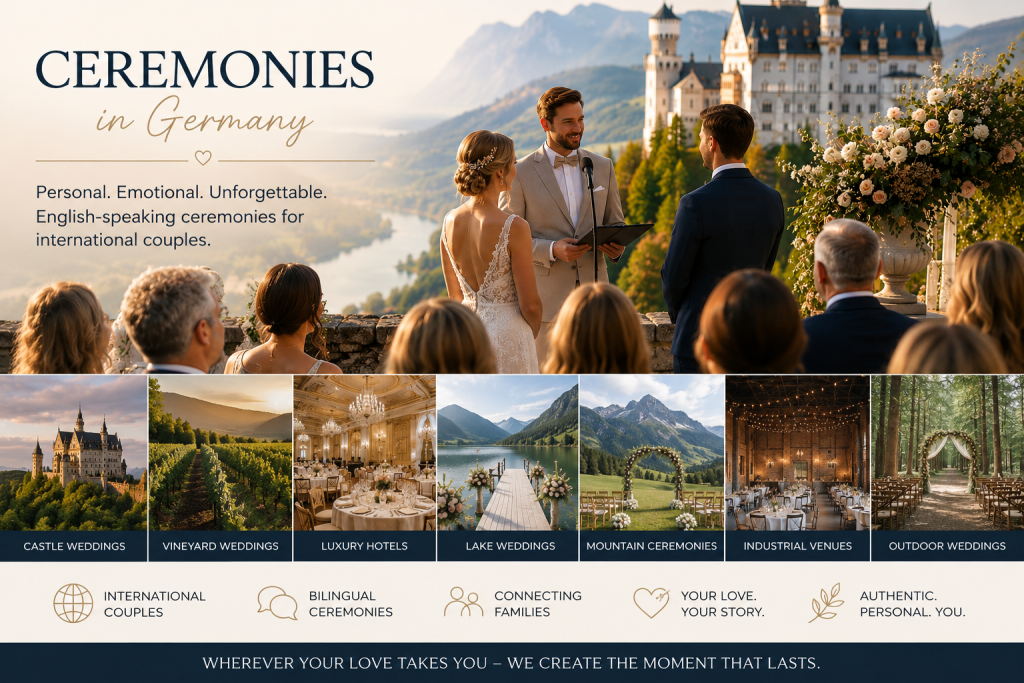 International wedding ceremony in Germany with English-speaking celebrant and collage of castle, vineyard, mountain, lake and outdoor wedding venues