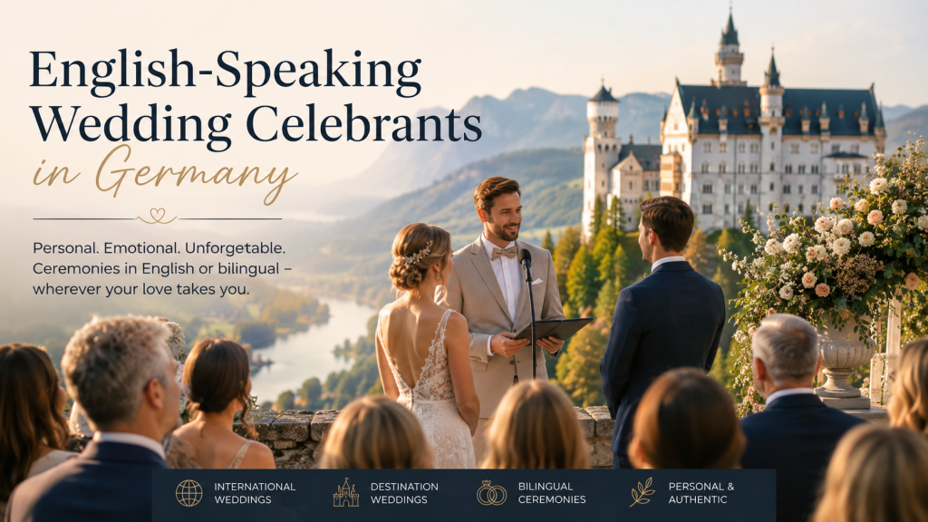 Elegant international wedding ceremony in Germany with an English-speaking wedding celebrant and multicultural couple during an outdoor free wedding ceremony