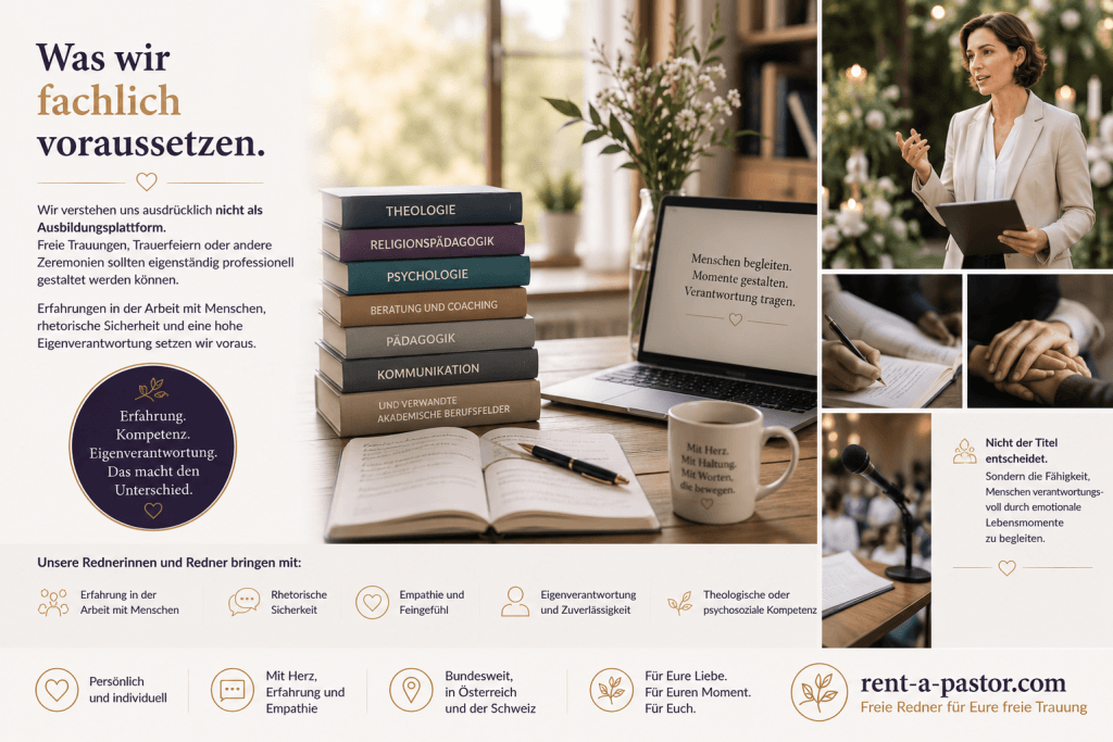 Arbeitsplatz eines professionellen freien Redners mit Fachliteratur zu Theologie, Psychologie und Kommunikation. Ergänzt durch Bilder einer Rednerin bei einer Zeremonie und emotionalen Begegnungen mit Menschen.