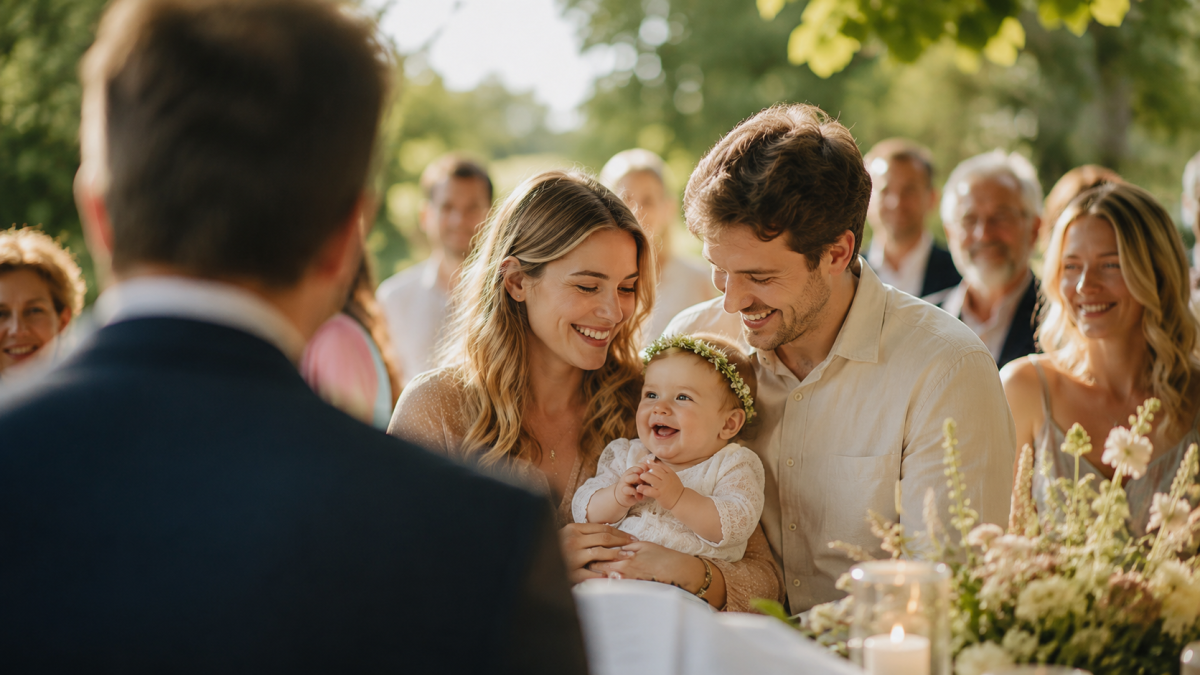 Junge Familie mit Baby bei einer freien Taufe im Freien. Eltern und Kind stehen im Mittelpunkt der Zeremonie, während der Redner unscharf von hinten zu sehen ist.
