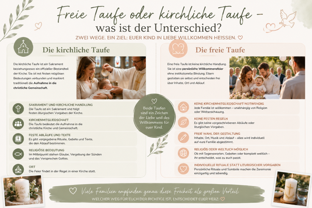 Vergleichsgrafik zwischen freier Taufe und kirchlicher Taufe mit Familie, Baby, Kirche und freiem Redner. Die Infografik erklärt Unterschiede bei Ablauf, Religion und Gestaltungsmöglichkeiten.