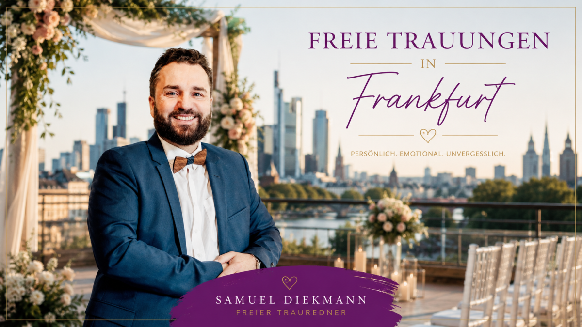 Samuel Diekmann als Trauredner bei einer freien Trauung in Frankfurt mit Skylineblick und moderner Hochzeitslocation