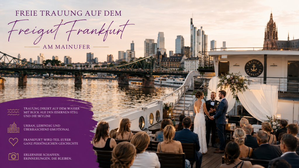 Freie Trauung auf dem Freigut Frankfurt am Mainufer mit Blick auf den Eisernen Steg und die Frankfurter Skyline