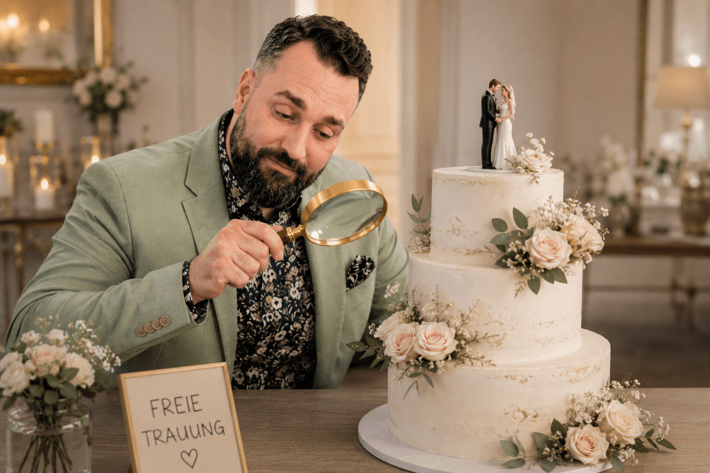 Samuel Diekmann untersucht mit einer Lupe symbolisch eine Hochzeitstorte bei einer freien Trauung.