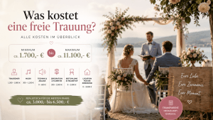 Freie Trauung am See mit Brautpaar, Trauredner und grafischer Übersicht der Kosten für freie Trauungen