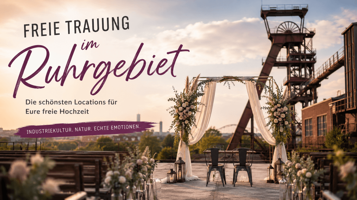 Freie Trauung in einer Industrie-Location im Ruhrgebiet mit Hochzeitspaar, Traubogen und Zechenkulisse bei Sonnenuntergang