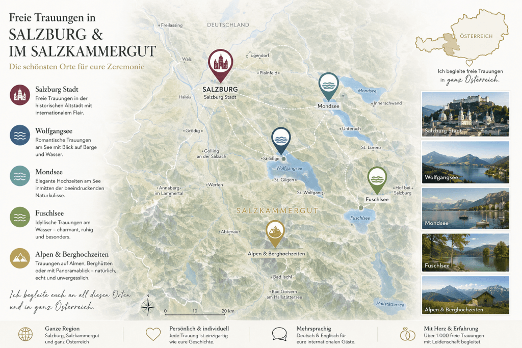 Karte mit Hochzeitsorten für freie Trauungen in Salzburg, Salzkammergut, Wolfgangsee, Mondsee und den österreichischen Alpen