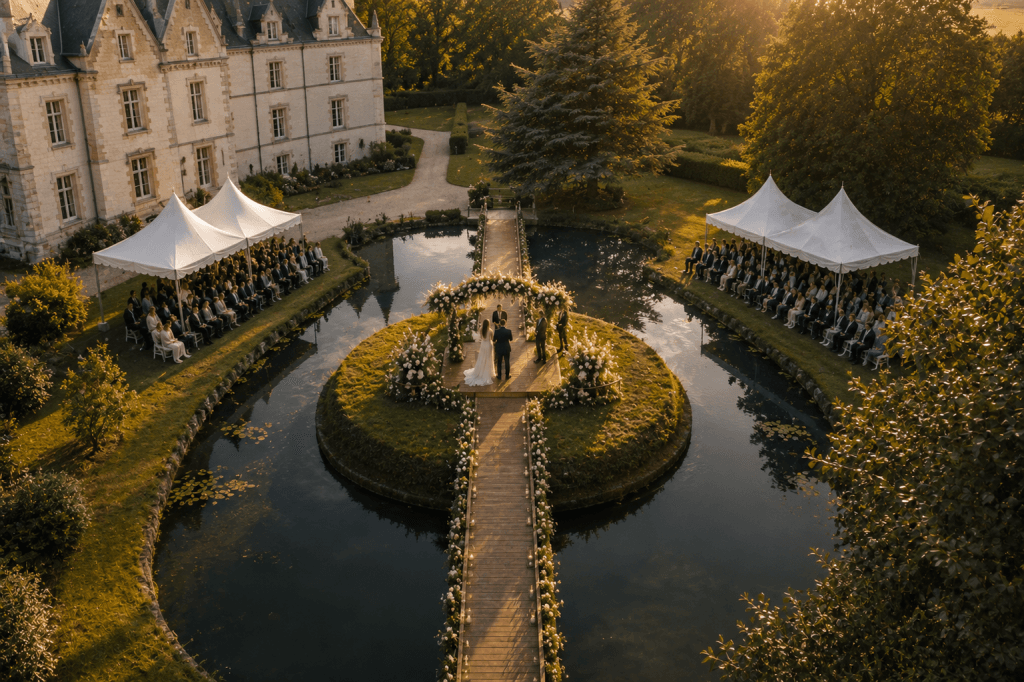 Drohnenaufnahme einer freien Trauung auf einer Insel mit Holzbrücke im Schlosspark eines privaten Anwesens nahe Paris in Frankreich.