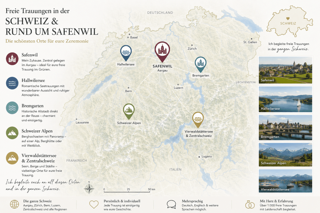 Karte der Schweiz mit Hochzeitsorten für freie Trauungen rund um Safenwil, Hallwilersee, Vierwaldstättersee und Schweizer Alpen