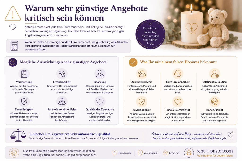 Infografik über Risiken sehr günstiger Angebote für freie Taufen mit Hinweisen zu Vorbereitung, Erfahrung, Erreichbarkeit und Qualität der Zeremonie