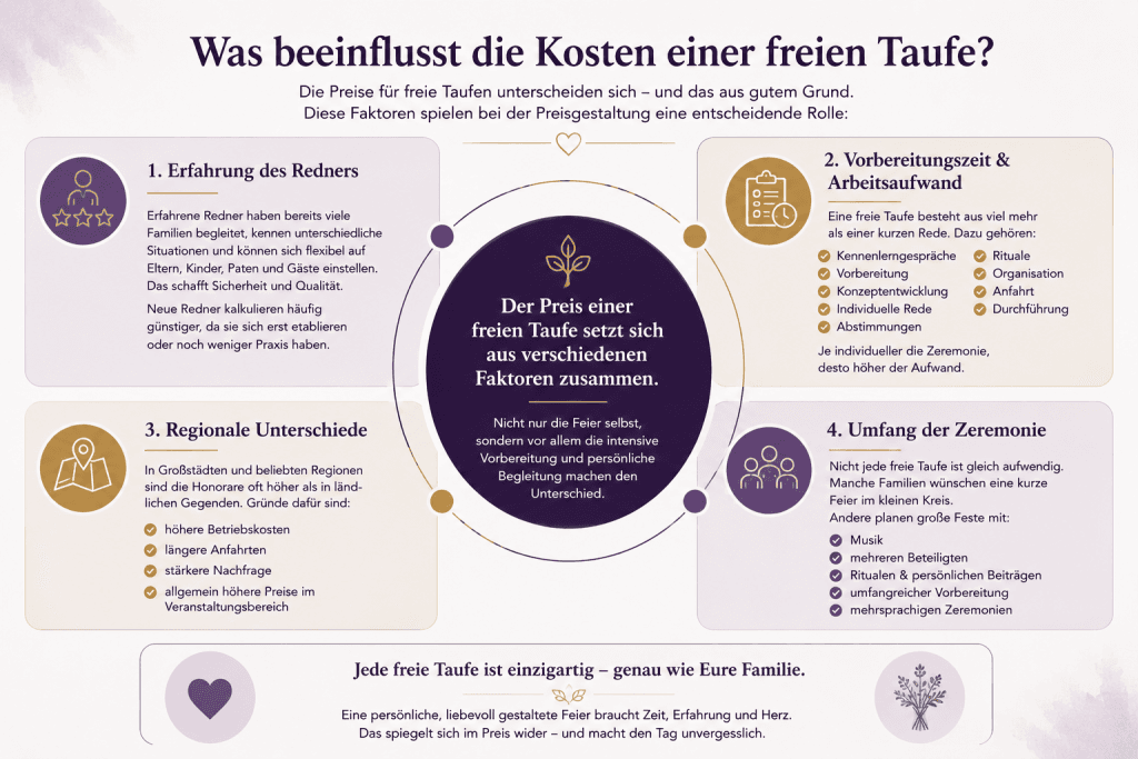 Infografik zu den Kosten einer freien Taufe mit Erklärungen zu Erfahrung des Redners, Vorbereitungszeit, regionalen Preisunterschieden und Umfang der Zeremonie