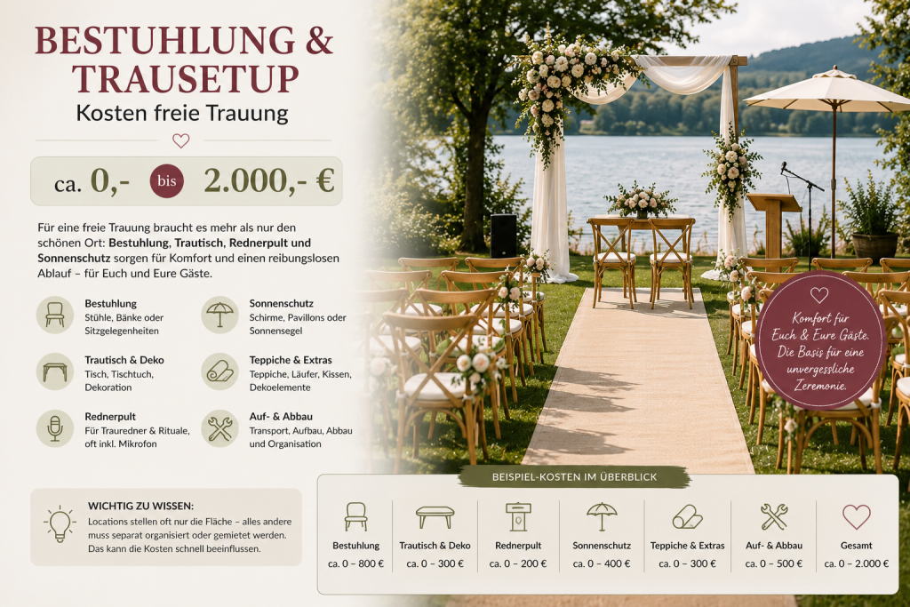 Bestuhlung und Trausetup einer freien Trauung im Außenbereich mit Stuhlreihen, Trautisch und dekoriertem Zeremonieaufbau