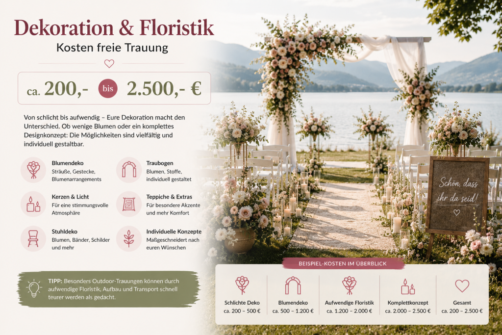Aufwendig dekorierte freie Trauung im Freien mit Traubogen, Blumen, Kerzen und floristischen Elementen