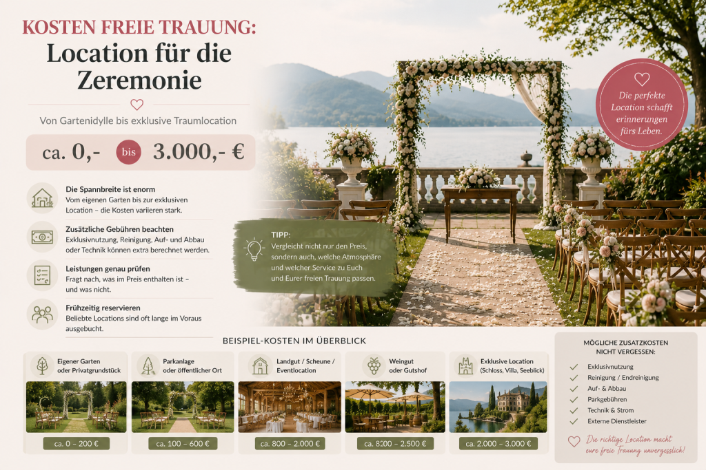 Exklusive Hochzeitslocation für eine freie Trauung am See mit Traubogen, Bestuhlung und dekoriertem Zeremoniebereich