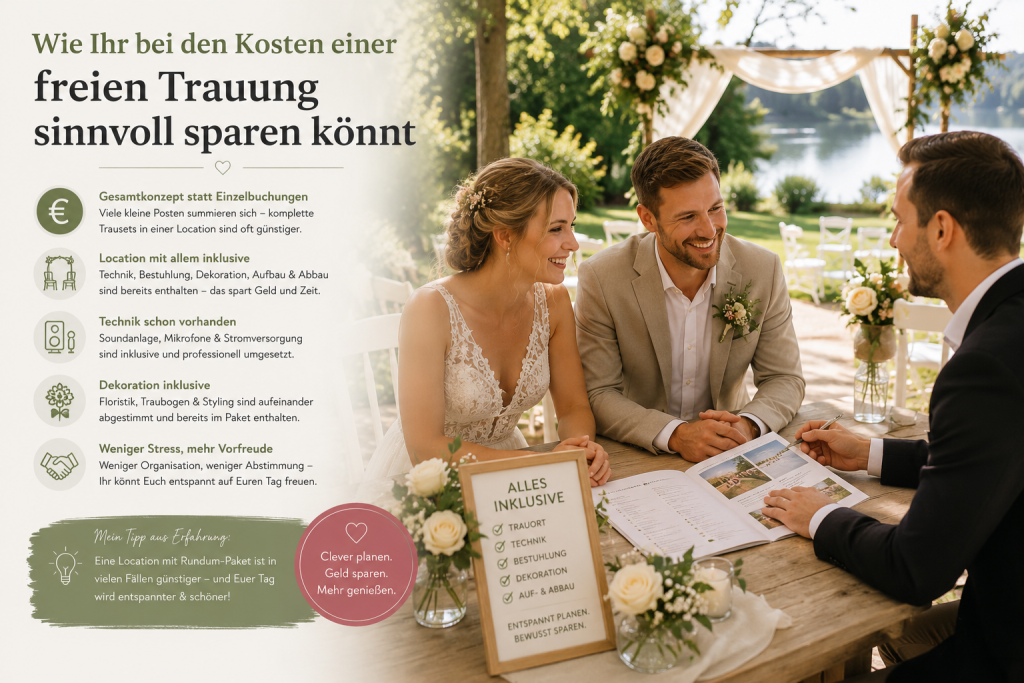 Entspanntes Hochzeitspaar bei der Planung einer freien Trauung mit Anbieter und Komplettangebot für Location, Technik und Dekoration