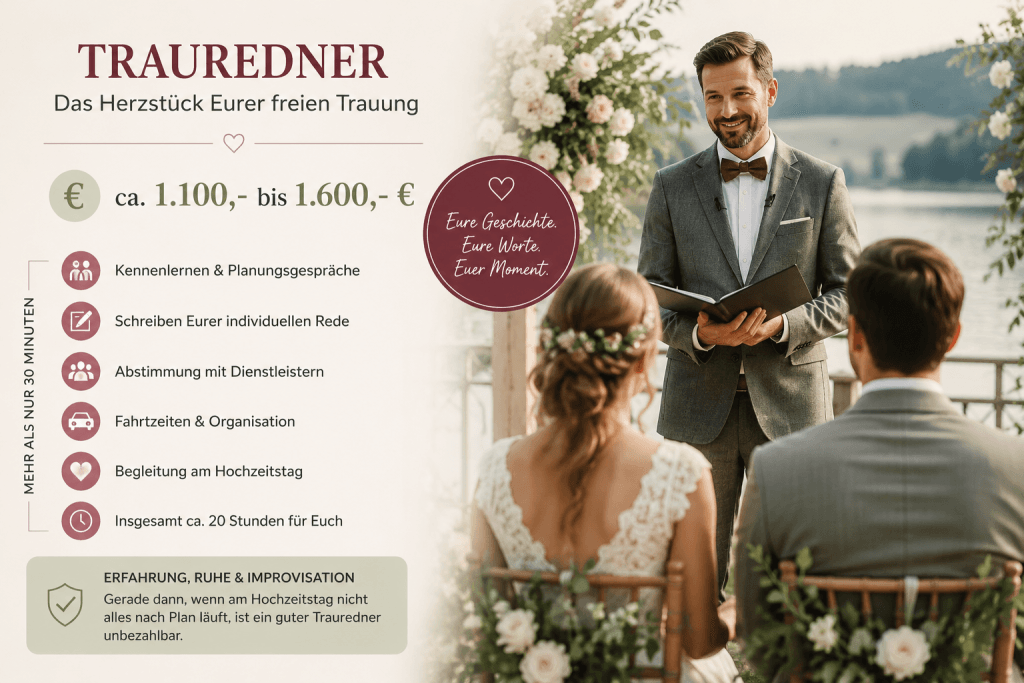 Trauredner bei einer freien Trauung am See mit Übersicht zu den Kosten einer freien Trauung und dem Aufwand eines professionellen Trauredners