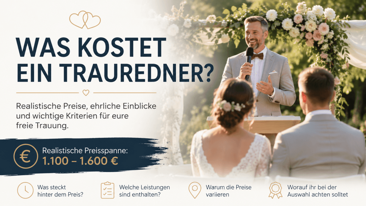 Freie Trauung im Grünen mit Trauredner und Hochzeitspaar. Titelbild zum Thema Kosten für Trauredner und freie Trauungen in Deutschland.
