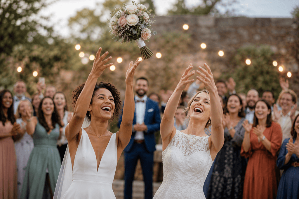 Lesbisches multikulturelles Hochzeitspaar wirft gemeinsam den Brautstrauß bei freier Trauung mit Gästen im Hintergrund