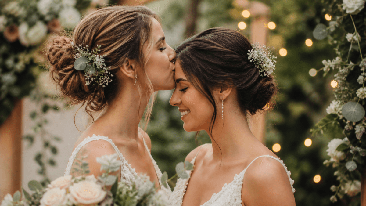 Lesbisches Hochzeitspaar bei freier Trauung, eine Braut küsst die andere zärtlich auf die Stirn