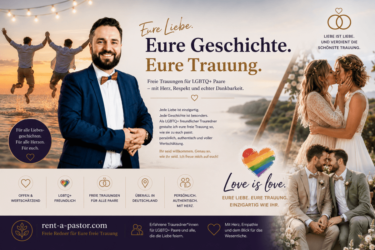 Samuel Diekmann als LGBTQ Trauredner mit schwulem und lesbischem Hochzeitspaar im Hintergrund bei emotionalen freien Trauungen