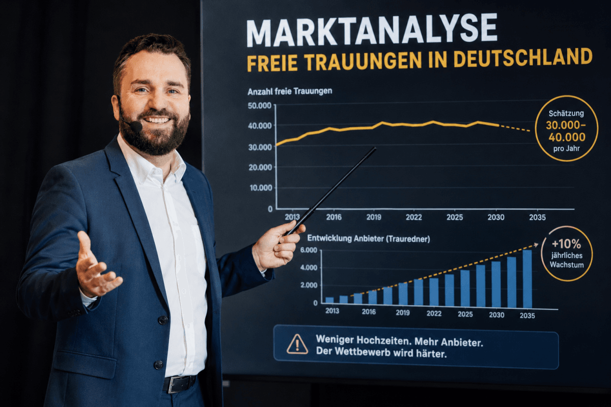 Samuel Diekmann als Keynote-Speaker mit Headset und Zeigestock vor einem großen Diagramm zur Entwicklung freier Trauungen und Trauredner in Deutschland.