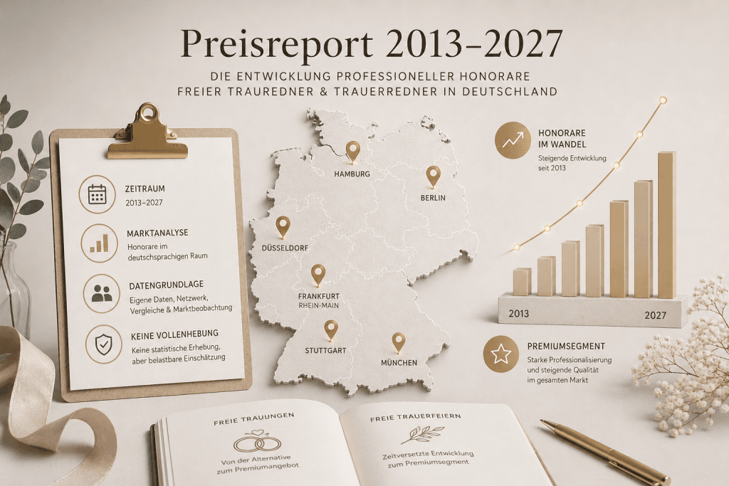 Grafisches Themenbild zur Marktanalyse von Honoraren für Trauredner und Trauerredner in Deutschland mit Diagrammen, Marktbeobachtungen und professioneller Premium-Ästhetik.