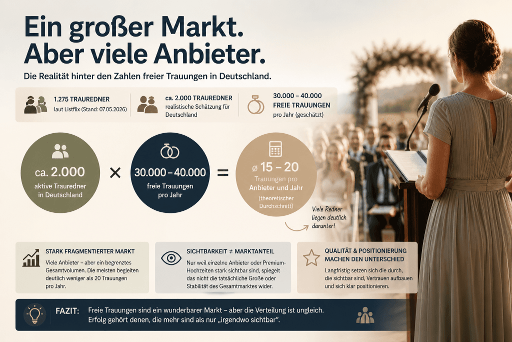 Infografik zur Marktgröße freier Trauungen in Deutschland mit Berechnung der durchschnittlichen Auftragslage pro Trauredner und Darstellung eines fragmentierten Marktes.
