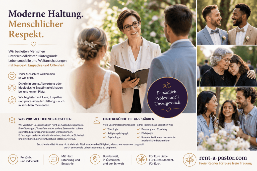 Freie Rednerin begleitet ein Brautpaar während einer persönlichen Zeremonie. Das Bild steht für moderne Haltung, menschlichen Respekt und professionelle Begleitung bei freien Trauungen und emotionalen Lebensmomenten.