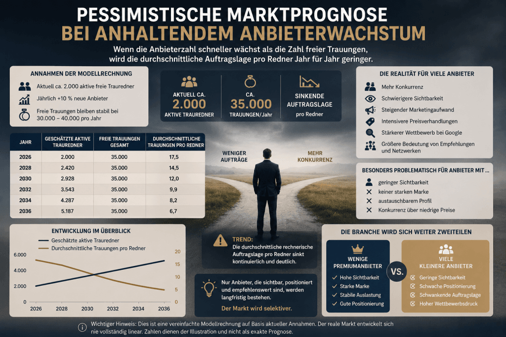 Infografik zur pessimistischen Marktprognose für freie Trauredner in Deutschland mit steigender Anbieterzahl, stagnierenden freien Trauungen und sinkender durchschnittlicher Auftragslage pro Redner bis 2036.