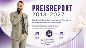 Samuel Diekmann vor einem grafischen Preisreport zur Entwicklung der Honorare für Trauredner und Trauerredner in Deutschland von 2013 bis 2027 mit Balkendiagramm und Marktanalyse.