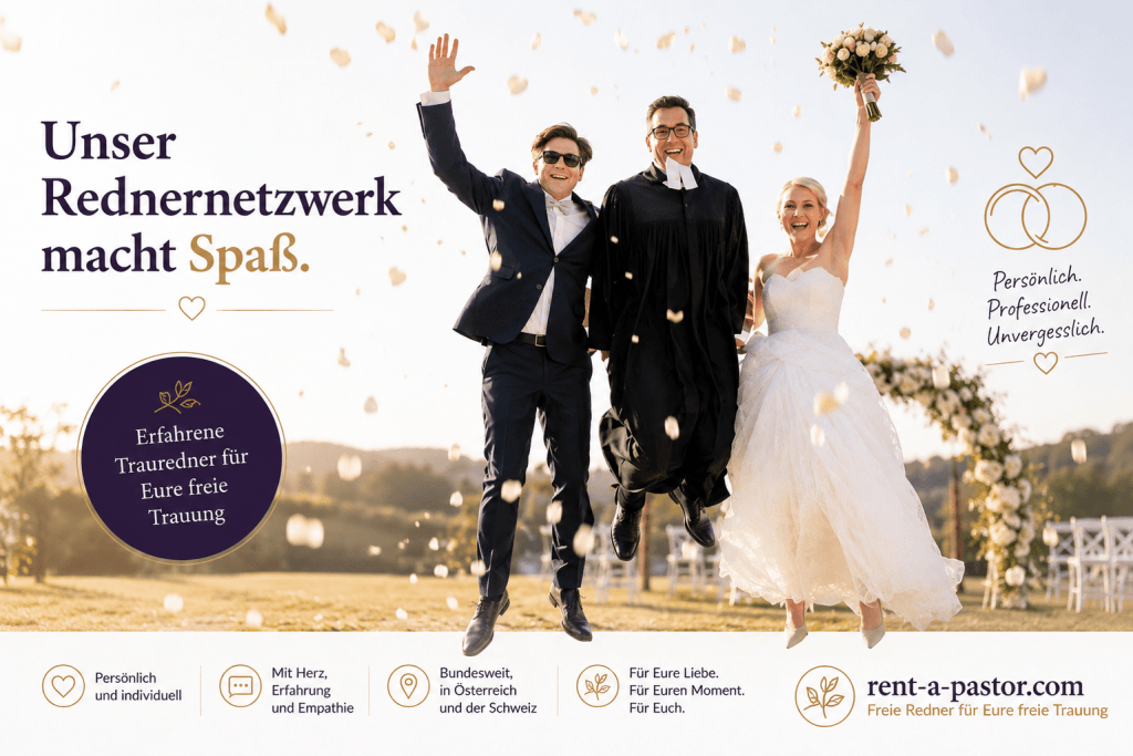 Fröhliches Brautpaar mit Trauredner bei einer freien Trauung im Freien. Das Bild bewirbt das Rednernetzwerk von rent-a-pastor für persönliche und professionelle Zeremonien.