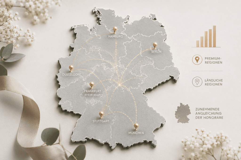 Grafische Deutschlandkarte zur Entwicklung regionaler Unterschiede bei Honoraren für Trauredner und freie Redner mit hervorgehobenen Premiumregionen wie München, Hamburg, Frankfurt Rhein-Main und Stuttgart.