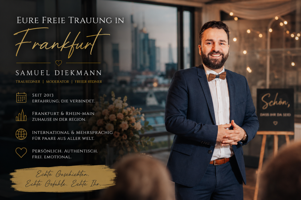 Samuel Diekmann als Trauredner bei einer freien Trauung in Frankfurt mit stilvoller Hochzeitsatmosphäre und Skyline im Hintergrund