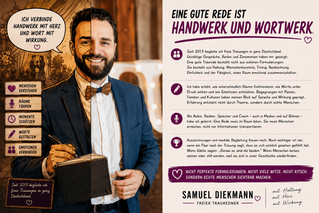 Halb realistisches und halb comicartiges Themenbild von Trauredner Samuel Diekmann zum Thema emotionale Traureden, Haltung und Wirkung