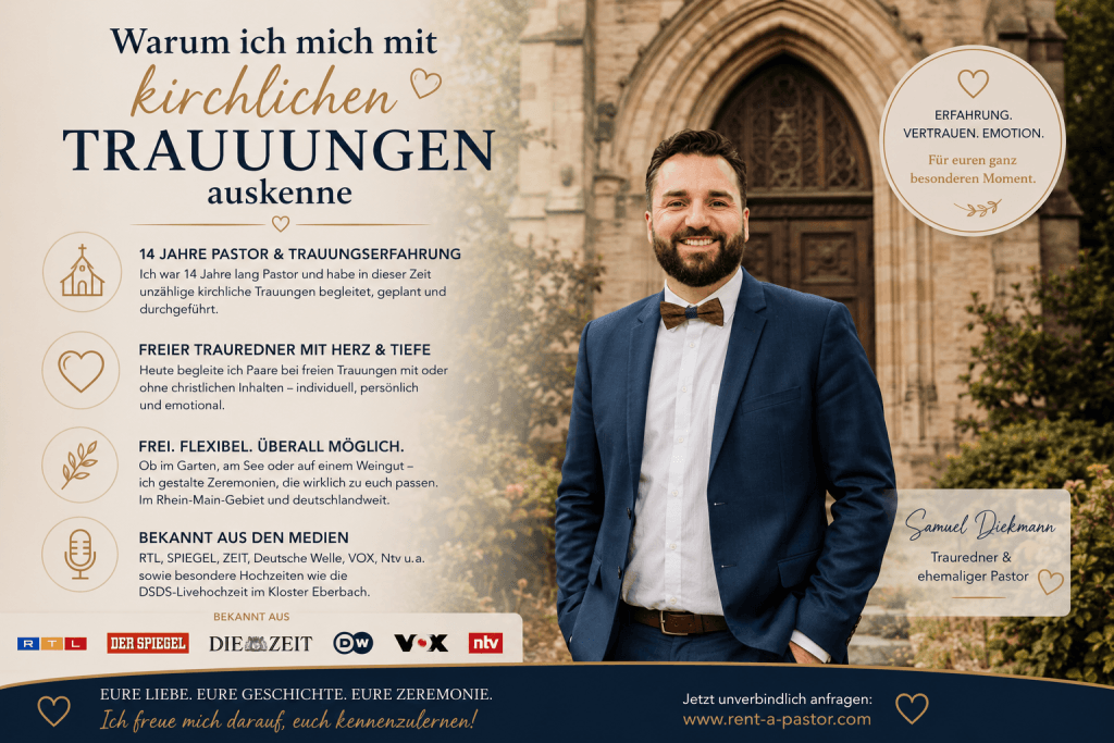 Samuel Diekmann vor einer Kirche als ehemaliger Pastor und freier Trauredner für kirchliche und freie Trauungen