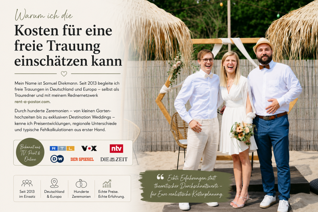Samuel Diekmann mit Hochzeitspaar bei einer freien Trauung im Boho-Stil mit Informationen zu Erfahrung und Kosten freier Trauungen
