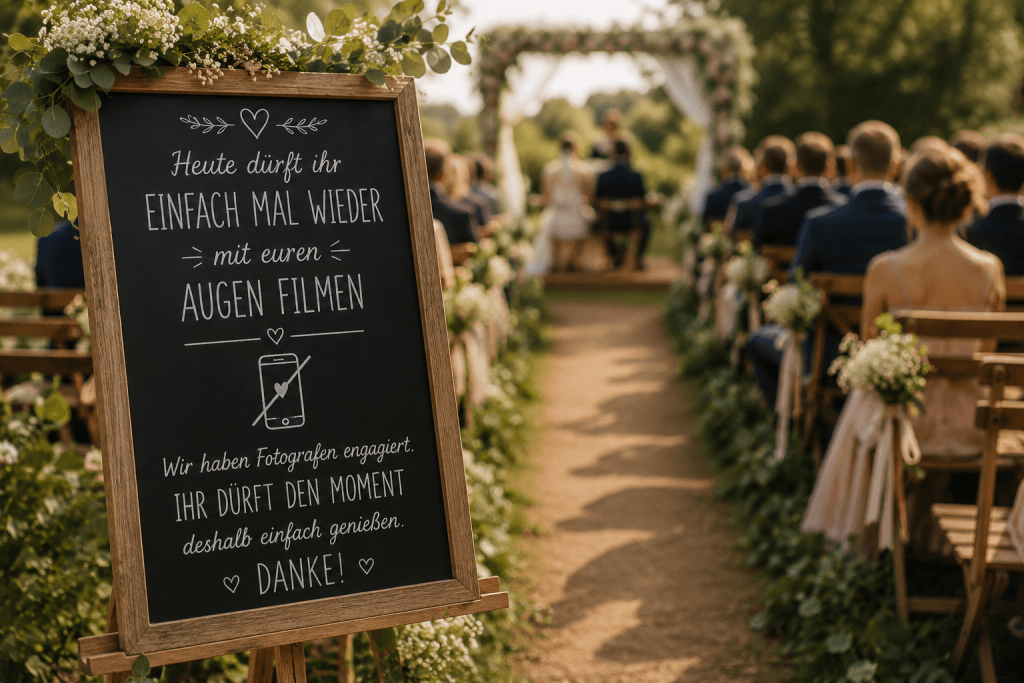 Kreative Kreidetafel am Eingang einer freien Trauung mit humorvollem Hinweis auf eine handyfreie Hochzeit.