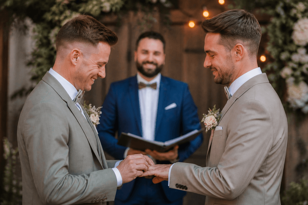 Schwules Hochzeitspaar beim Ringtausch während einer freien Trauung mit Trauredner Samuel Diekmann im Hintergrund