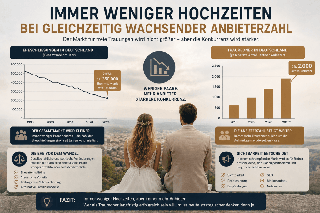 Infografik zur Entwicklung sinkender Eheschließungen in Deutschland bei gleichzeitig steigender Zahl freier Trauredner und wachsendem Konkurrenzdruck in der Hochzeitsbranche.