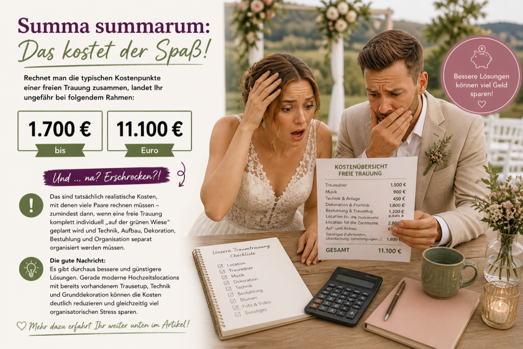 Erschrockenes Brautpaar blickt auf die Kostenübersicht einer freien Trauung mit Budgetplanung und Hochzeitskosten