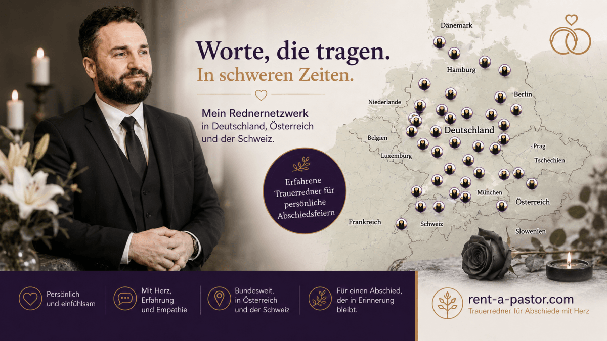 Samuel Diekmann als Trauerredner vor einer Deutschlandkarte mit dem Trauerredner-Netzwerk von rent-a-pastor für persönliche Abschiedsfeiern.