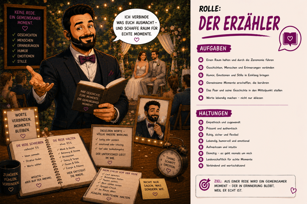 Comicillustration von Trauredner Samuel Diekmann als Erzähler beim emotionalen Halten einer freien Traurede vor einem Brautpaar und Gästen