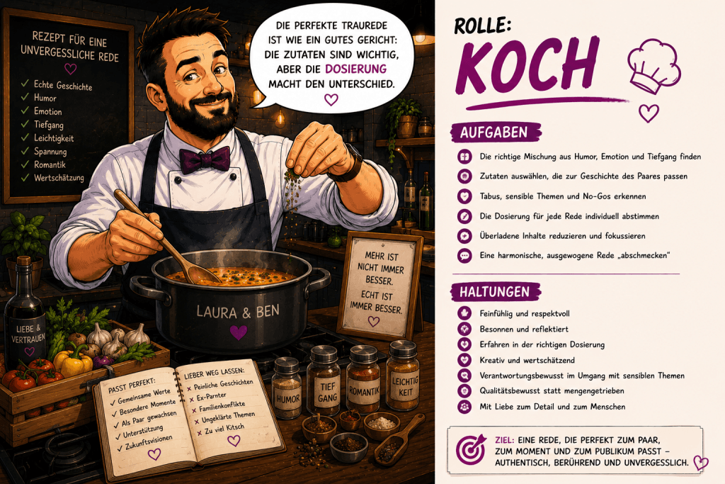 Comicillustration von Trauredner Samuel Diekmann als Koch beim Zusammenstellen der perfekten Mischung für eine emotionale Traurede